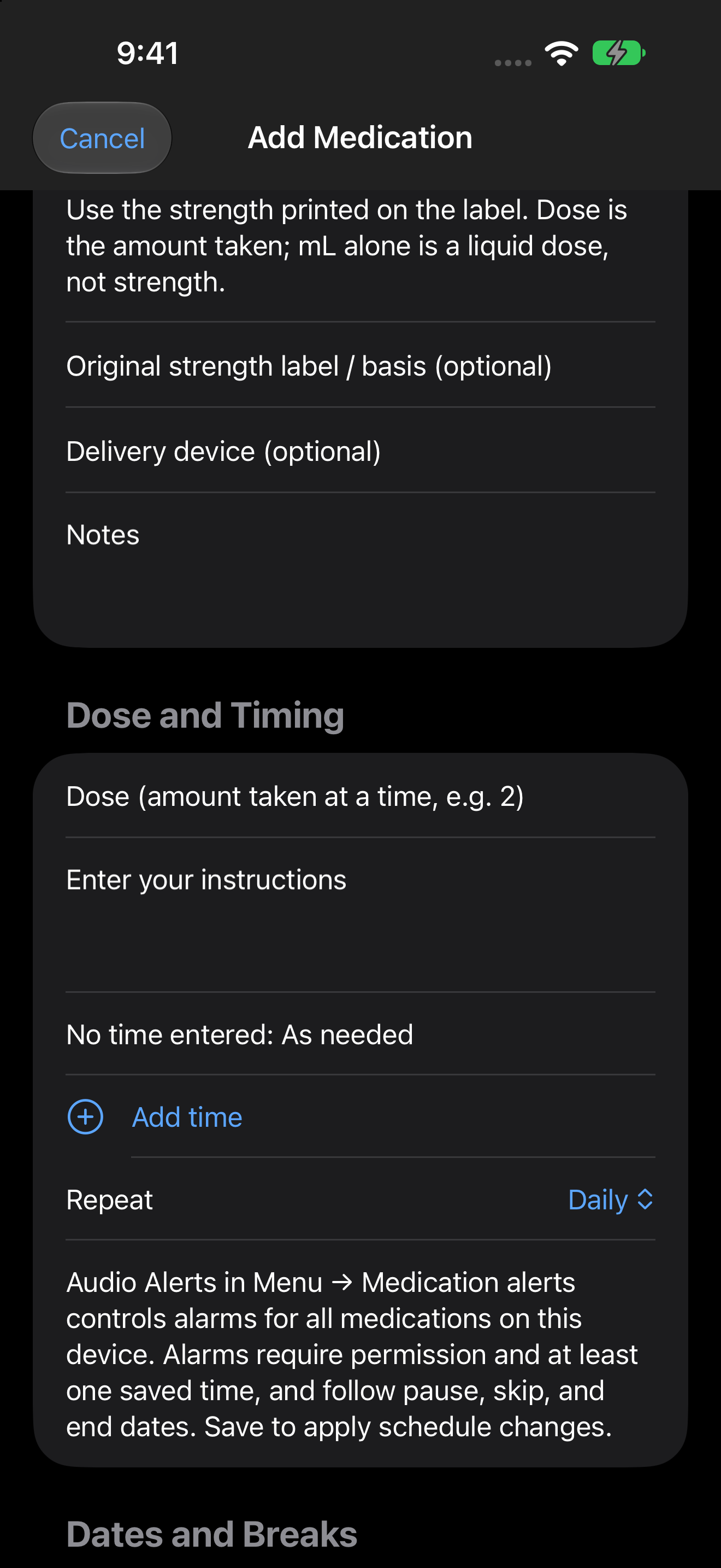 Dose and Timing: add a Time row, choose the time, and save.