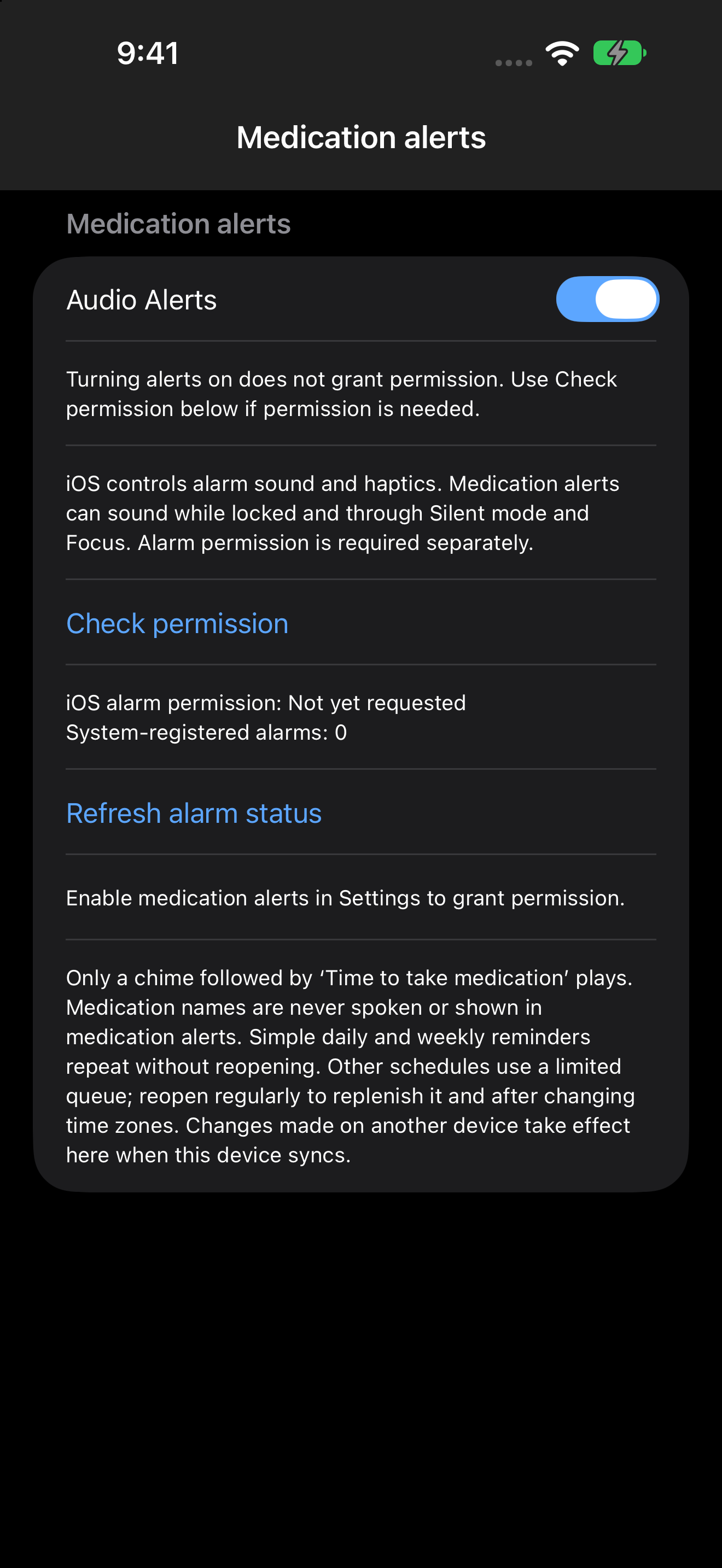 Medication alerts: one Audio Alerts switch, permission, and system registration.
